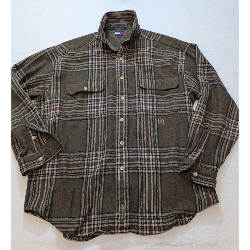 Tommy Hilfiger Wool Blend Plaid Shirt Jacket Shacket Mens XL Brown